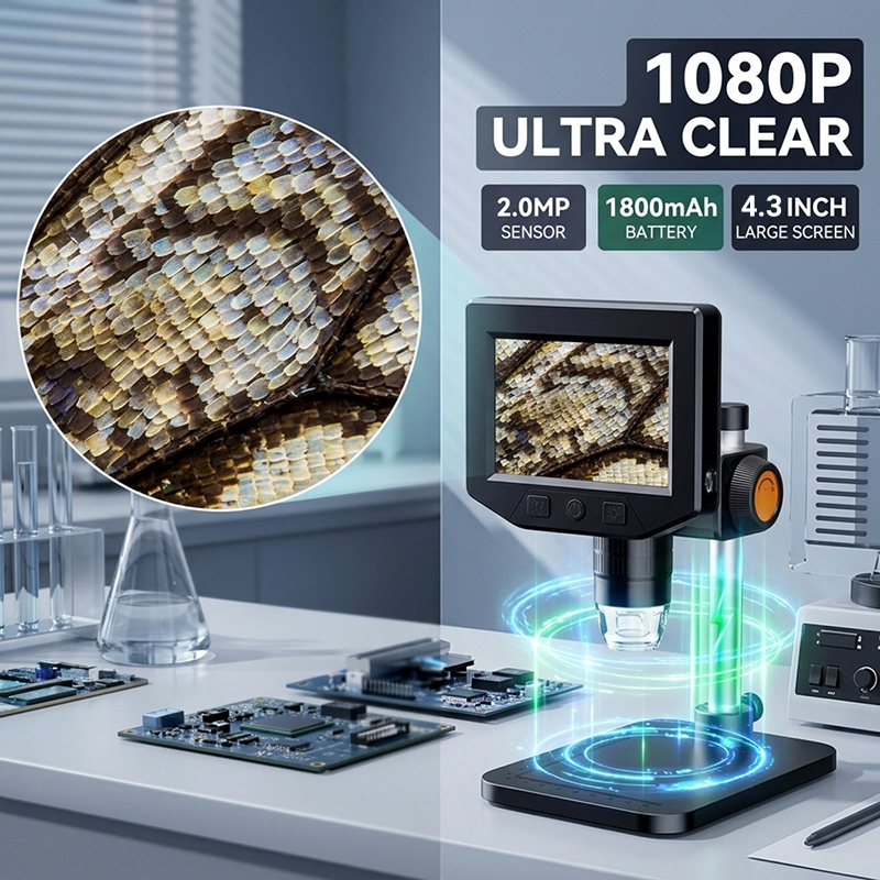 Digital Magnifier Reading - 4.3インチLCDデジタル顕微鏡1000倍ズームHD 1080P顕微鏡カメラ、LEDライト付き、はんだ付けPCB回路基板修理用